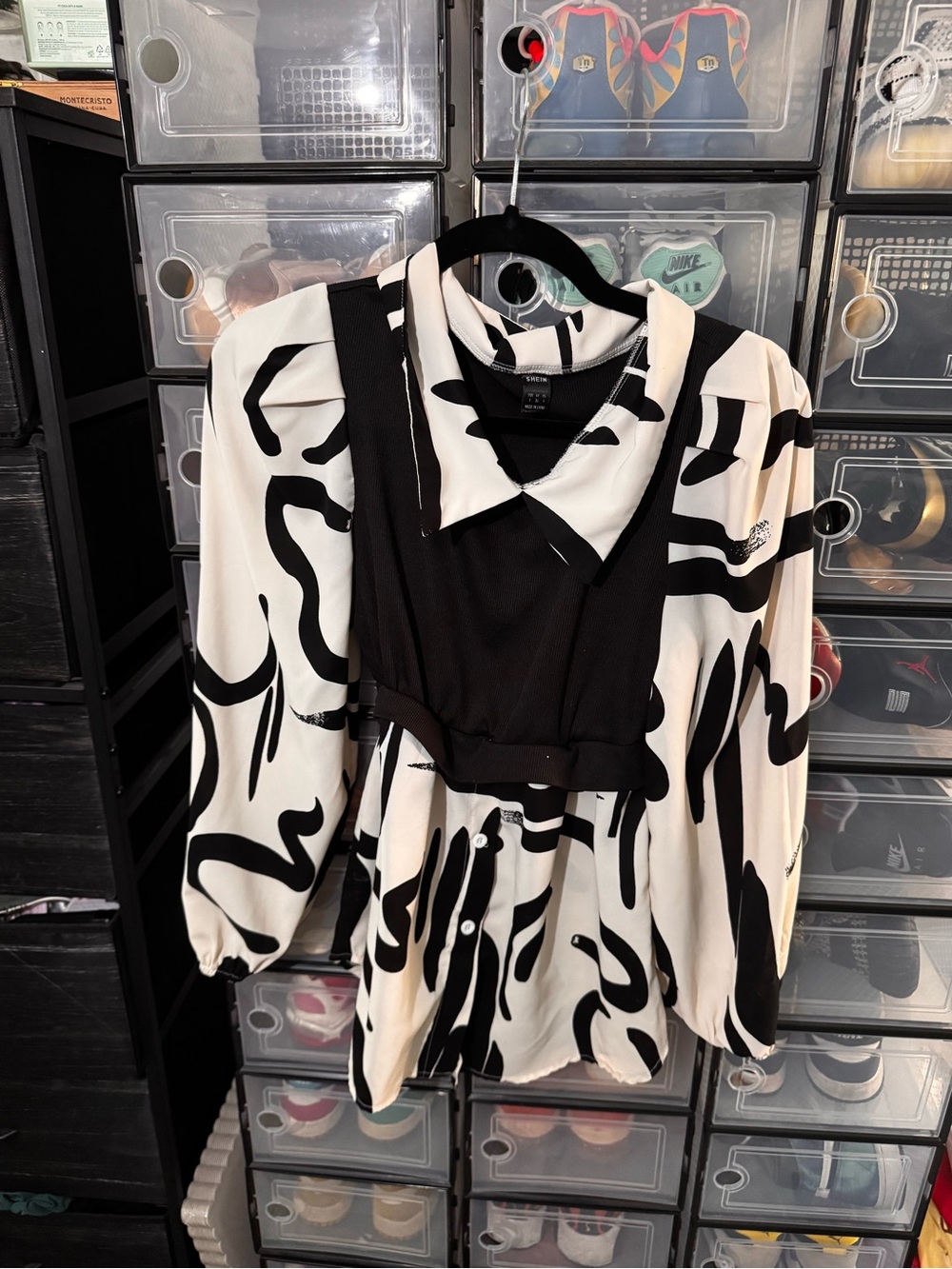 SHEIN Black and White Abstract Print Layered Bib Blouse